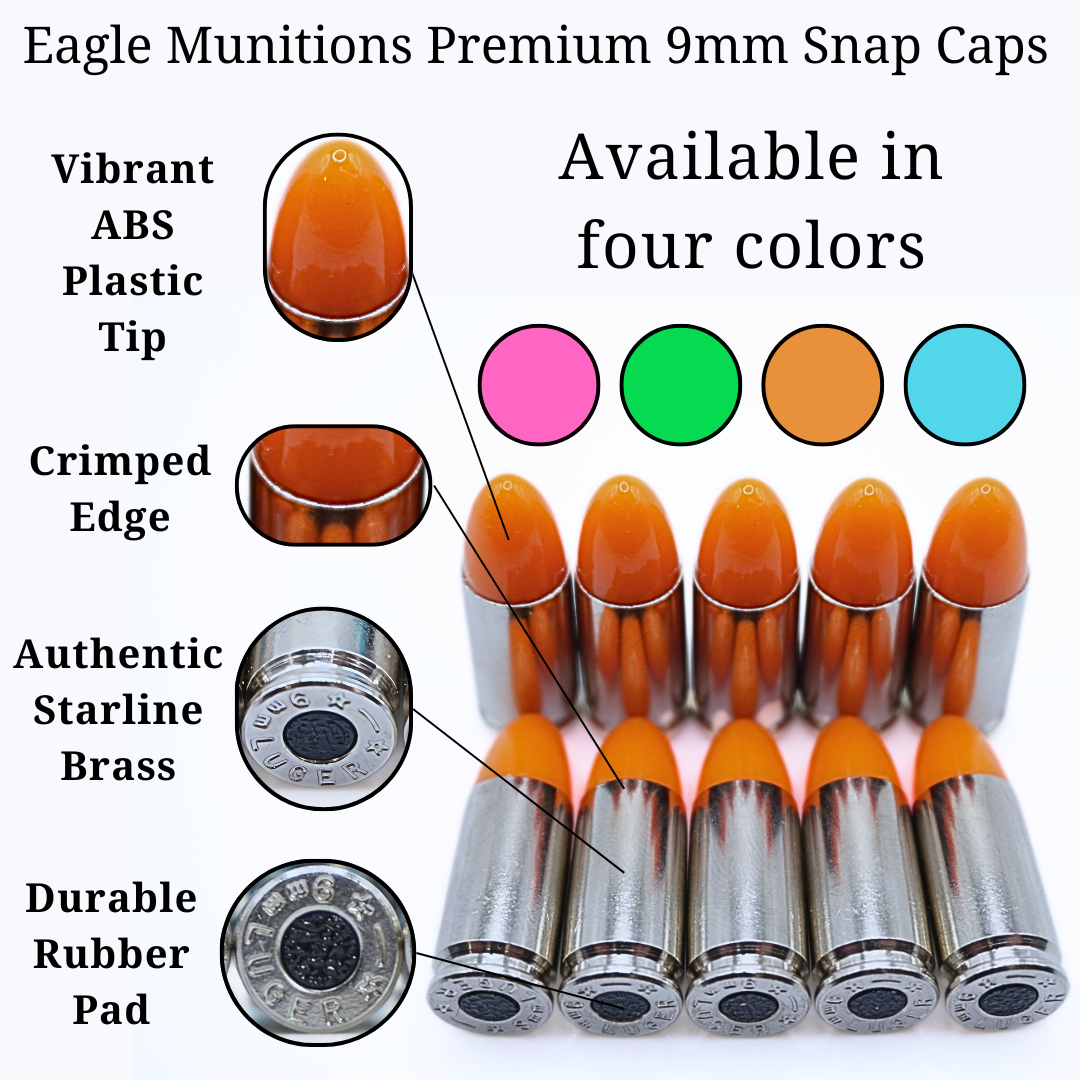 Eagle Munitions, LLC. Premium 9mm Snap Caps - Dry Fire Rounds - Dummy Rounds (Orange, 10 Count)